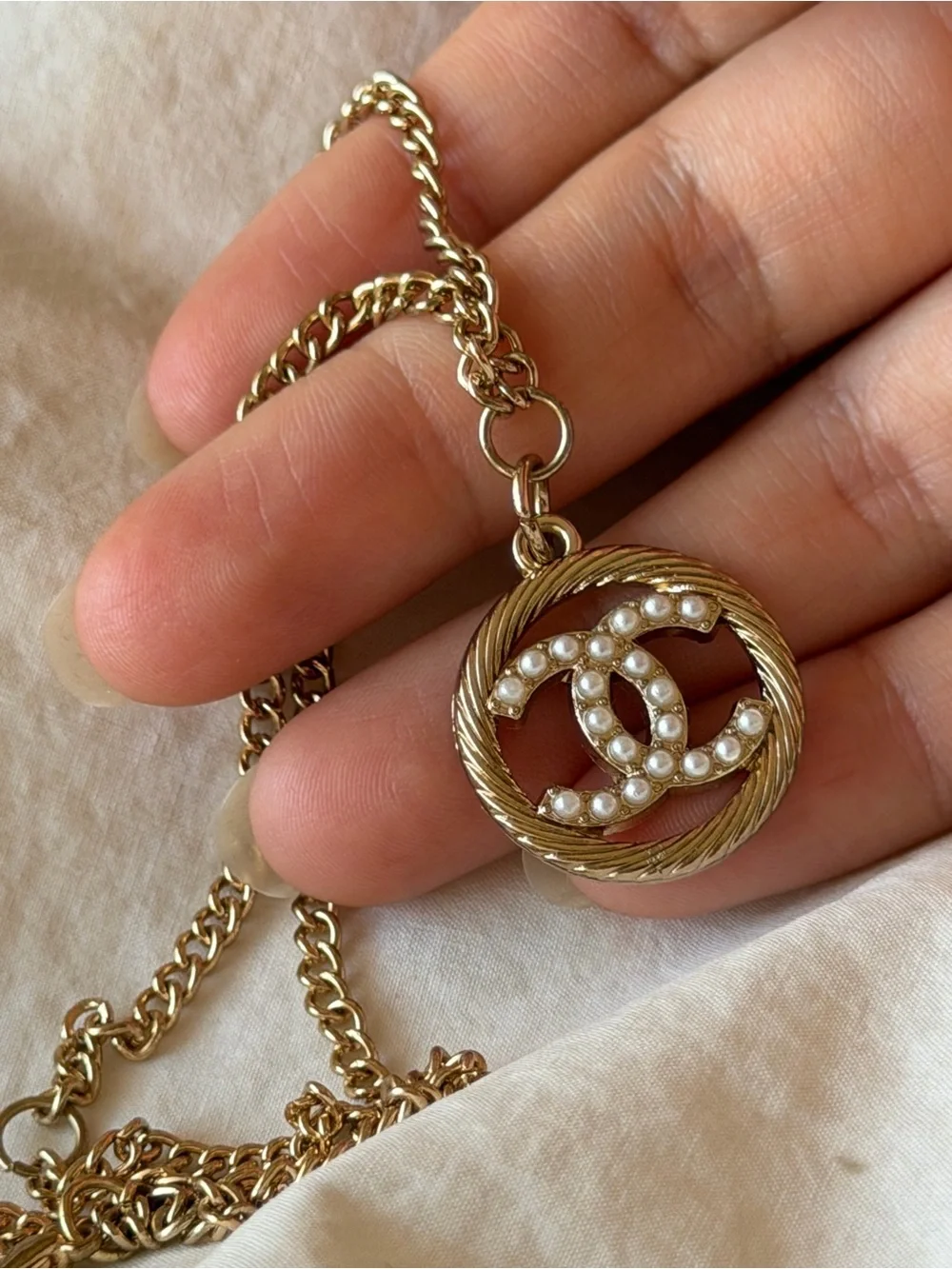 CHANEL Gold-Tone CC Pearly Pendant Necklace